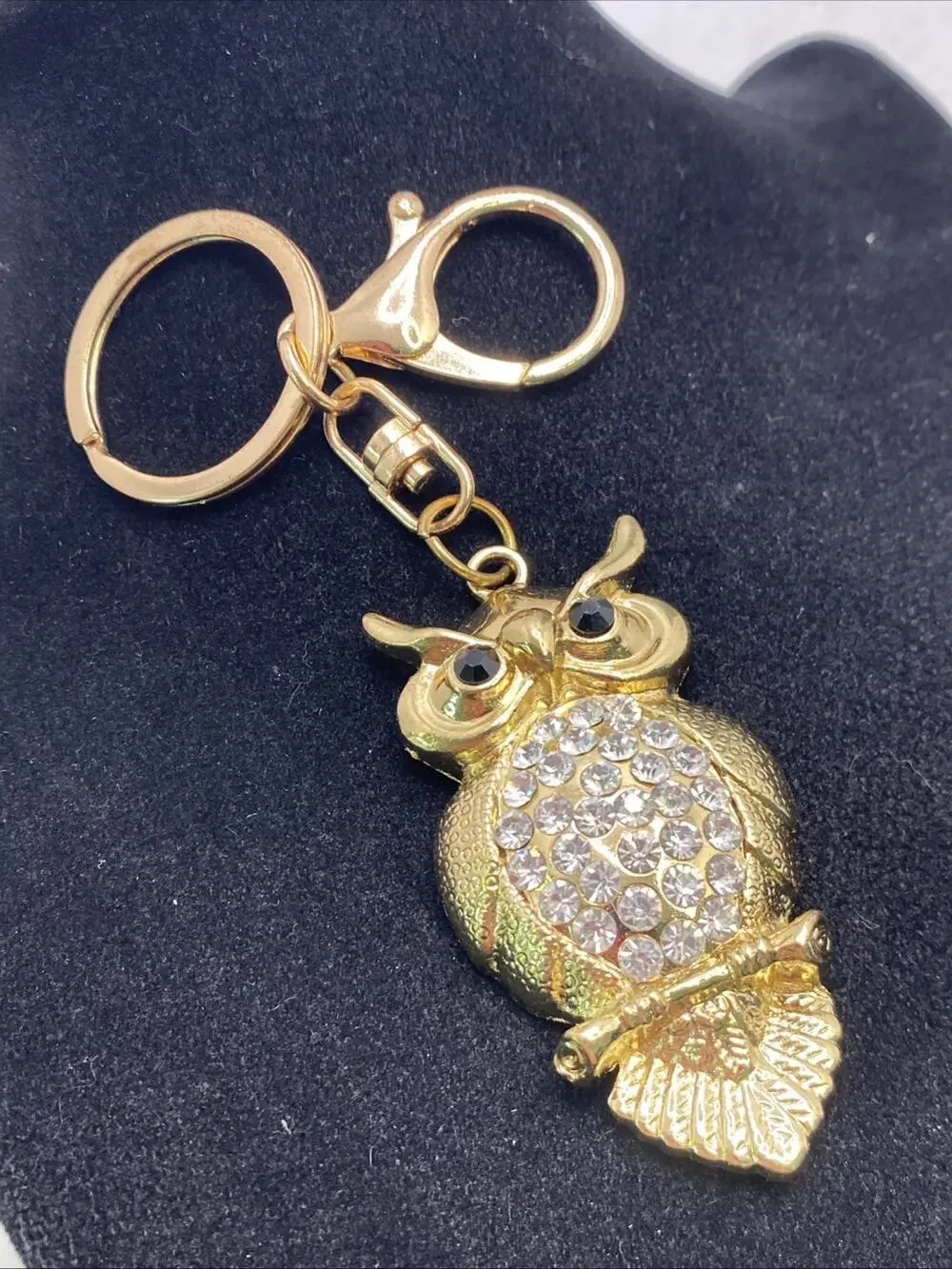 Womens Gold Tone Owl Key Chain Rhinestone Vintage